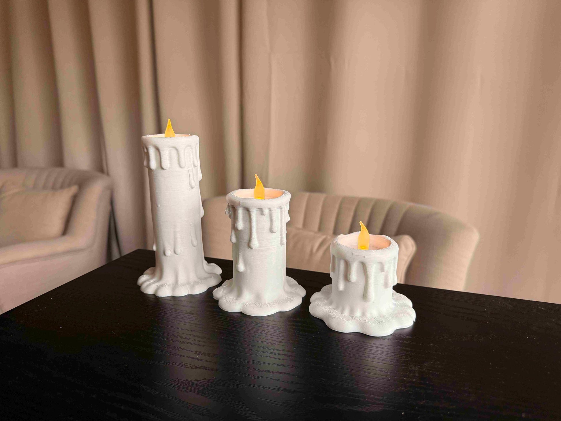 Candle Holders Set of 3, LED Flameless Candles, 3D Printed White Home Decor, Gothic Aesthetic Shelf Decor