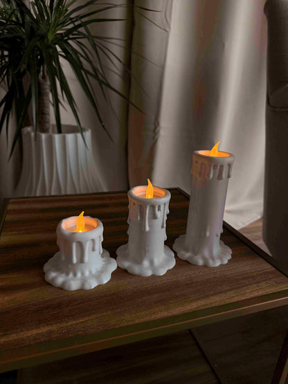 Candle Holders Set of 3, LED Flameless Candles, 3D Printed White Home Decor, Gothic Aesthetic Shelf Decor