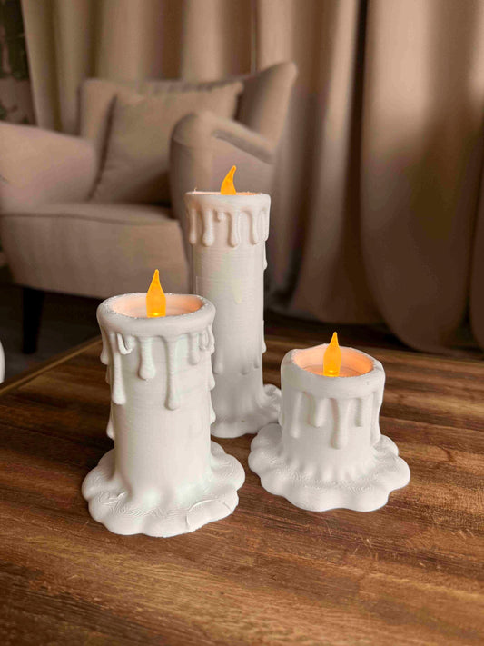 Candle Holders Set of 3, LED Flameless Candles, 3D Printed White Home Decor, Gothic Aesthetic Shelf Decor