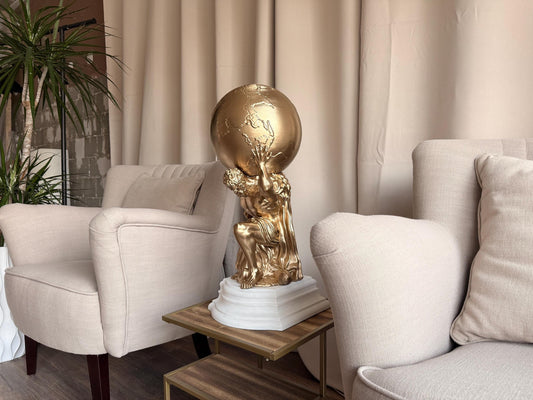 Gold Atlas Statue Holding Globe | Greek Mythology Sculpture | Office Desk Decor | Home Accent Piece | Luxury Gift | Grecian Art Figurine