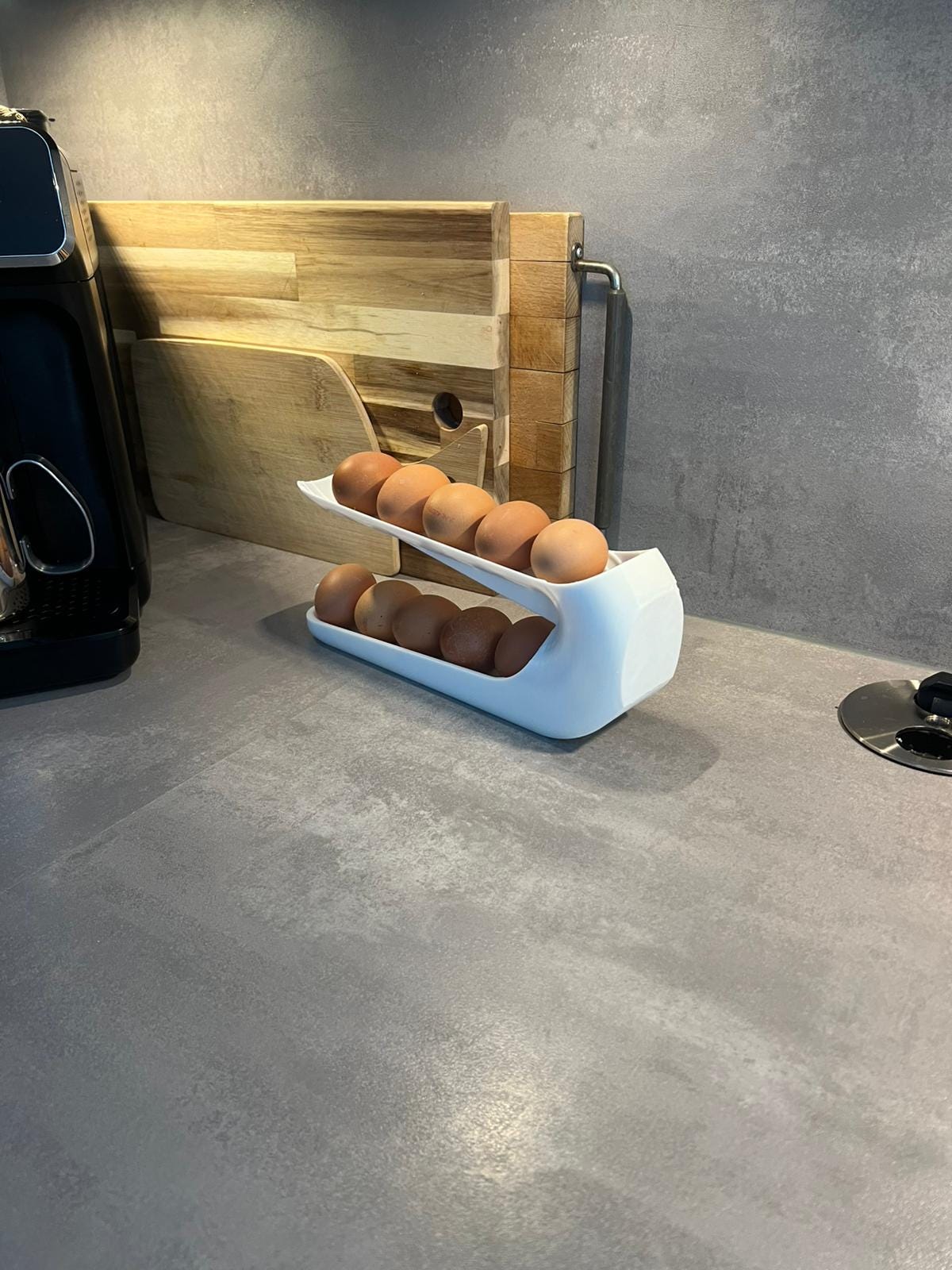 Egg Holder Dispenser | Egg Organizer | Modern Kitchen Storage | Rolling Egg Rack | Unique Countertop Display