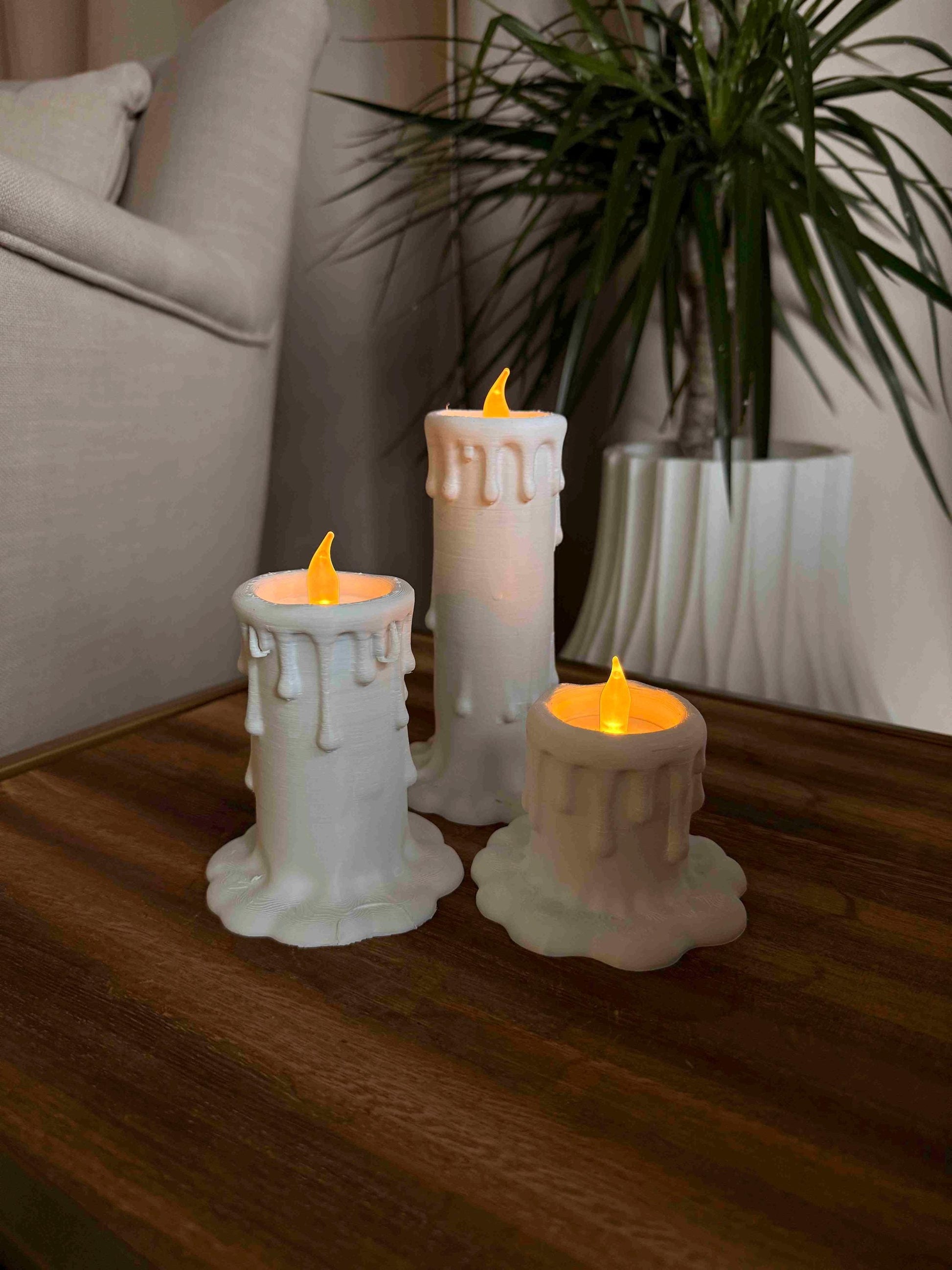 Candle Holders Set of 3, LED Flameless Candles, 3D Printed White Home Decor, Gothic Aesthetic Shelf Decor