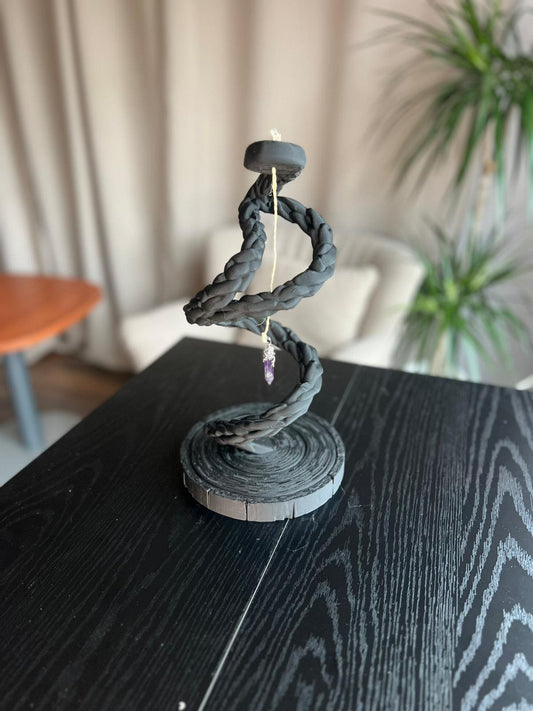 Black Helix Crystal Spiral Hanger | with Raw Amethyst Point | Spiral of Shadows | Handmade | Black Helix | Amethyst Crystal