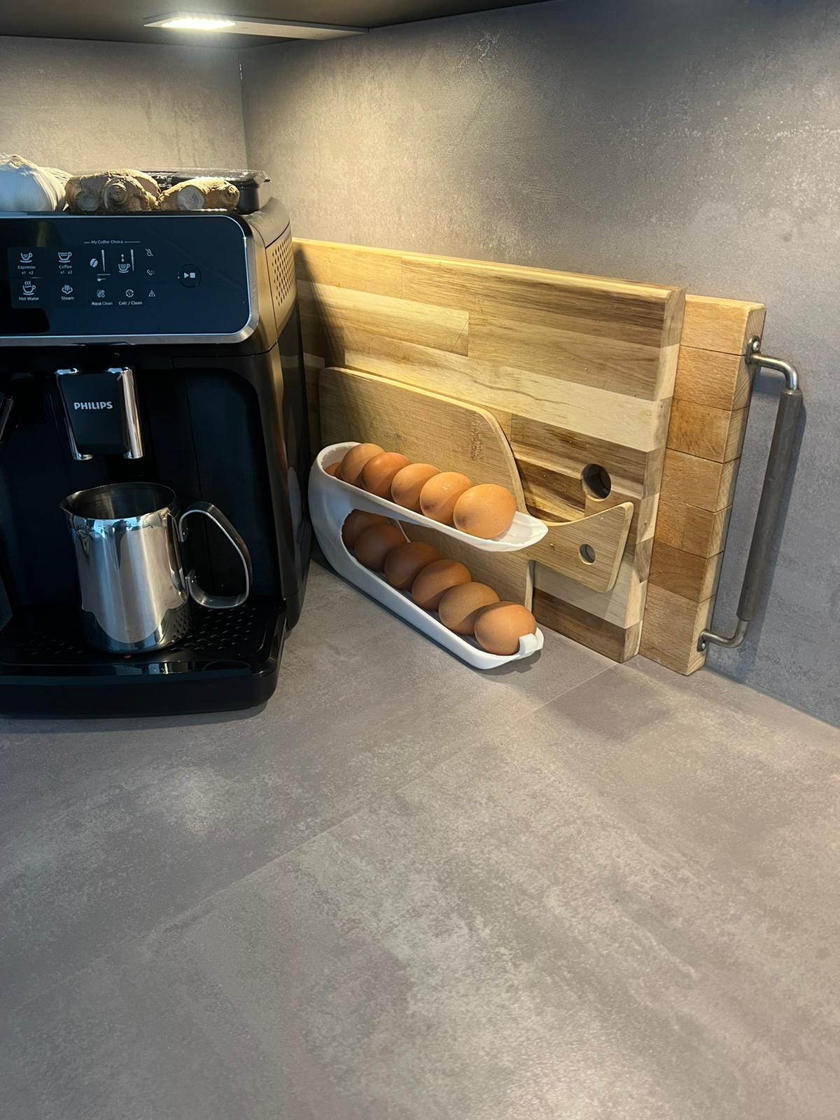 Egg Holder Dispenser | Egg Organizer | Modern Kitchen Storage | Rolling Egg Rack | Unique Countertop Display