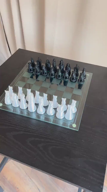 Chess Set Cat Vs Dog | Animal Chess Set | Unique Handcrafted Origami | Black and White Foil Pieces | Chess Gift | Modern Decor | Chessboard