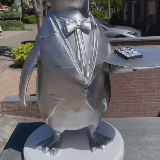 Penguin Butler Statue | Unique Home or Business Decor | Silver Tuxedo Server Figurine good for Fruit Tray display or showcase items