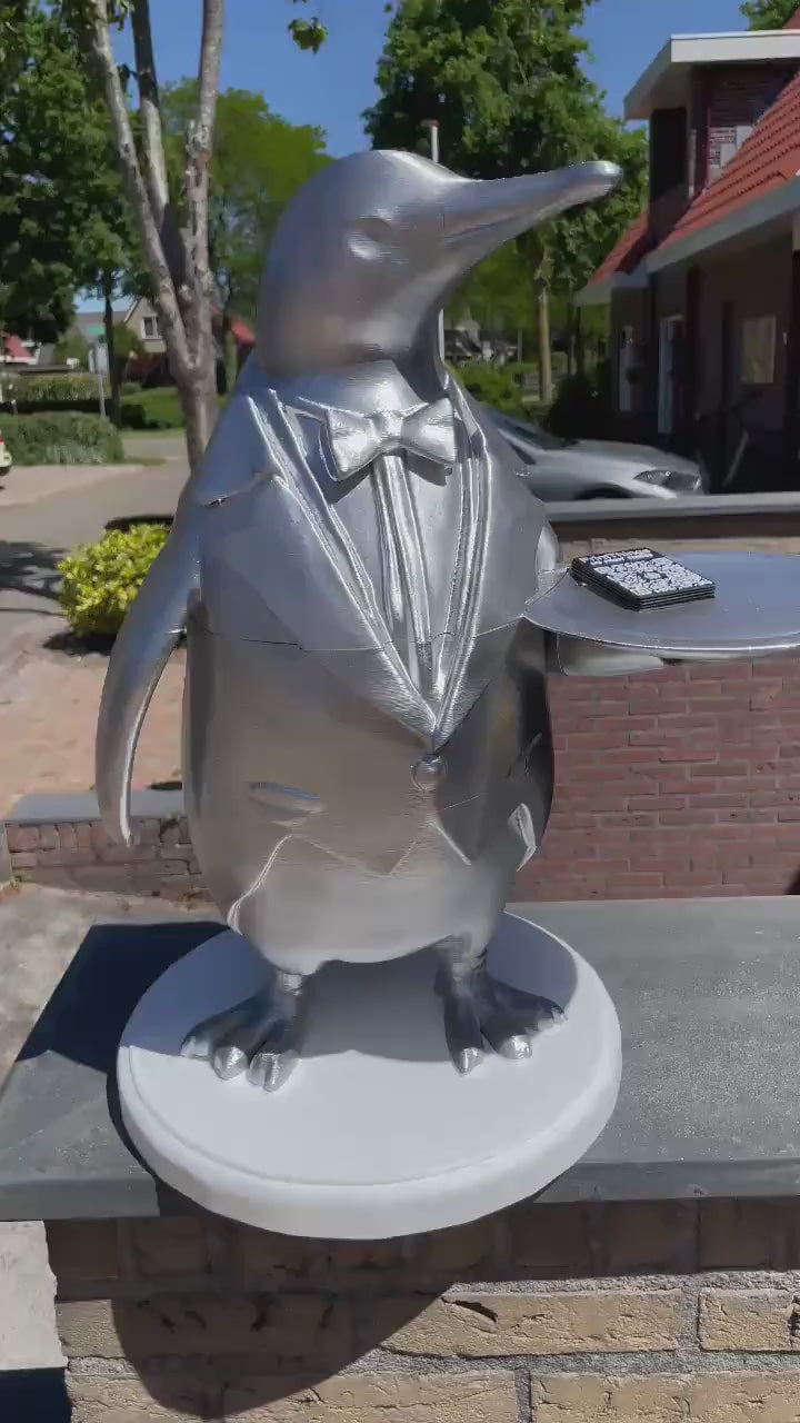 Penguin Butler Statue | Unique Home or Business Decor | Silver Tuxedo Server Figurine good for Fruit Tray display or showcase items
