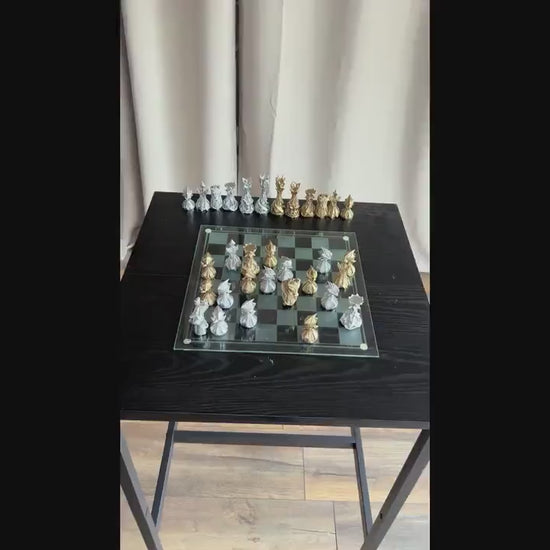 Chess Set Unique Handcrafted Origami  | Gold and Silver Foil Pieces | Chess Gift | Modern Decor | Chessboard Art |